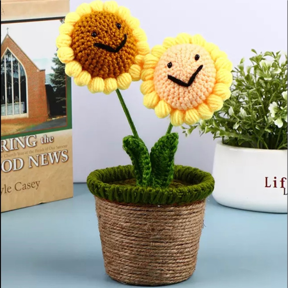 Sunflower Sunflowers knit crochet crocheted flowers Fall Autumn Season Decor Pot
